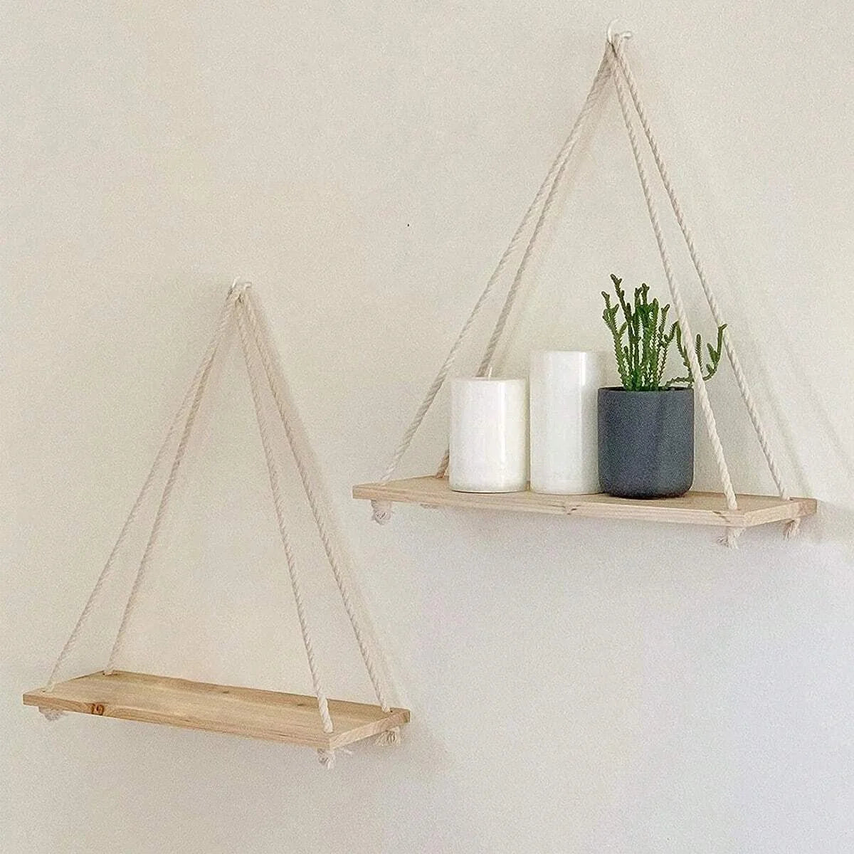 🌸 Mensola Sospesa in Legno con Corda – Decorazione da Parete Boho