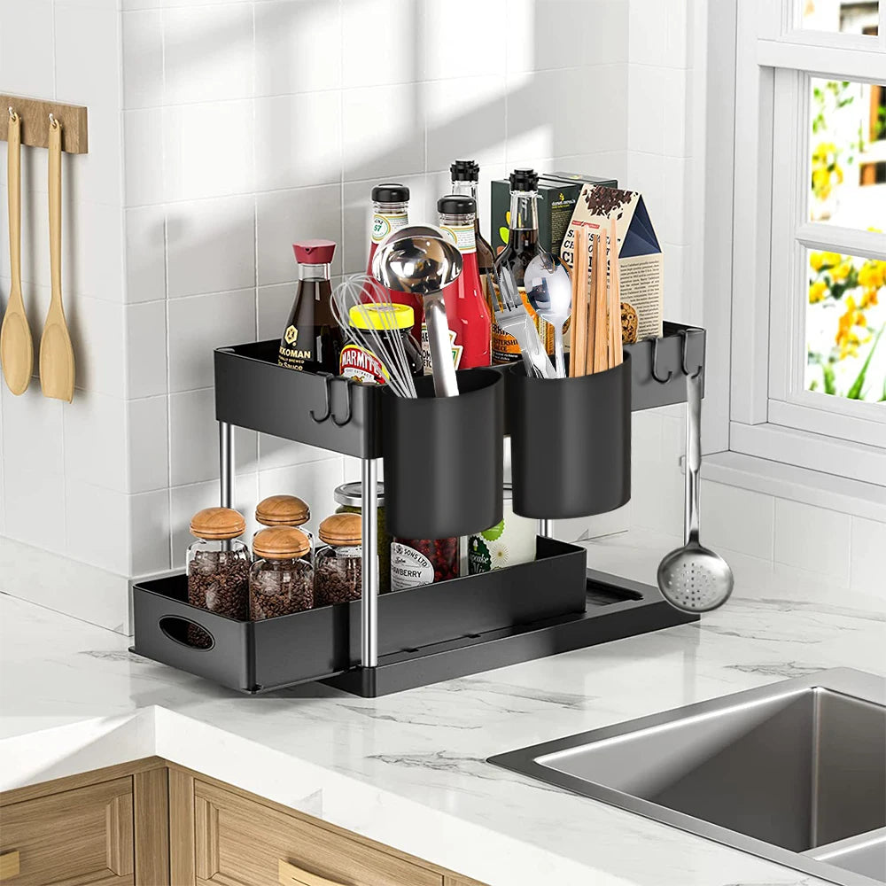 🧺 Organizer Sotto Lavello a 2 Livelli – Scaffale Scorrevole Cucina e Bagno
