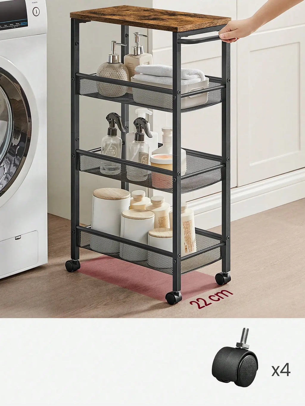 🚲 Carrello Salvaspazio con Ruote VASAGLE – 4 Ripiani, Design Industriale Marrone Rustico o Rovere Beige