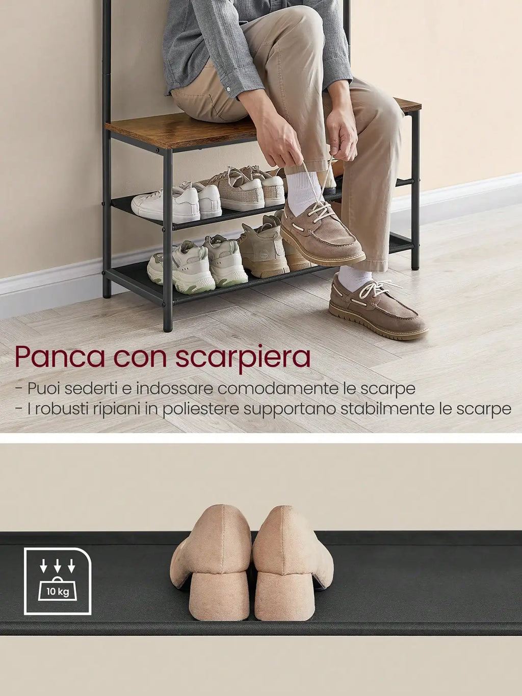🧥 Appendiabiti 4 in 1 con Panca e Scarpiera VASAGLE – Design Industriale Marrone Vintage e Nero