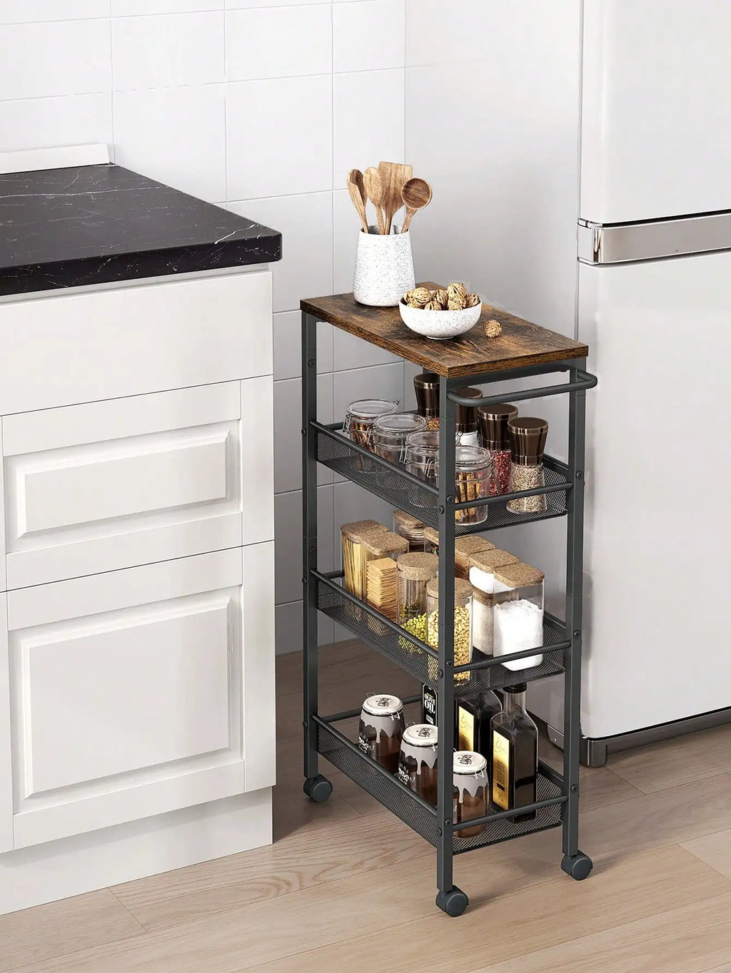 🚲 Carrello Salvaspazio con Ruote VASAGLE – 4 Ripiani, Design Industriale Marrone Rustico o Rovere Beige