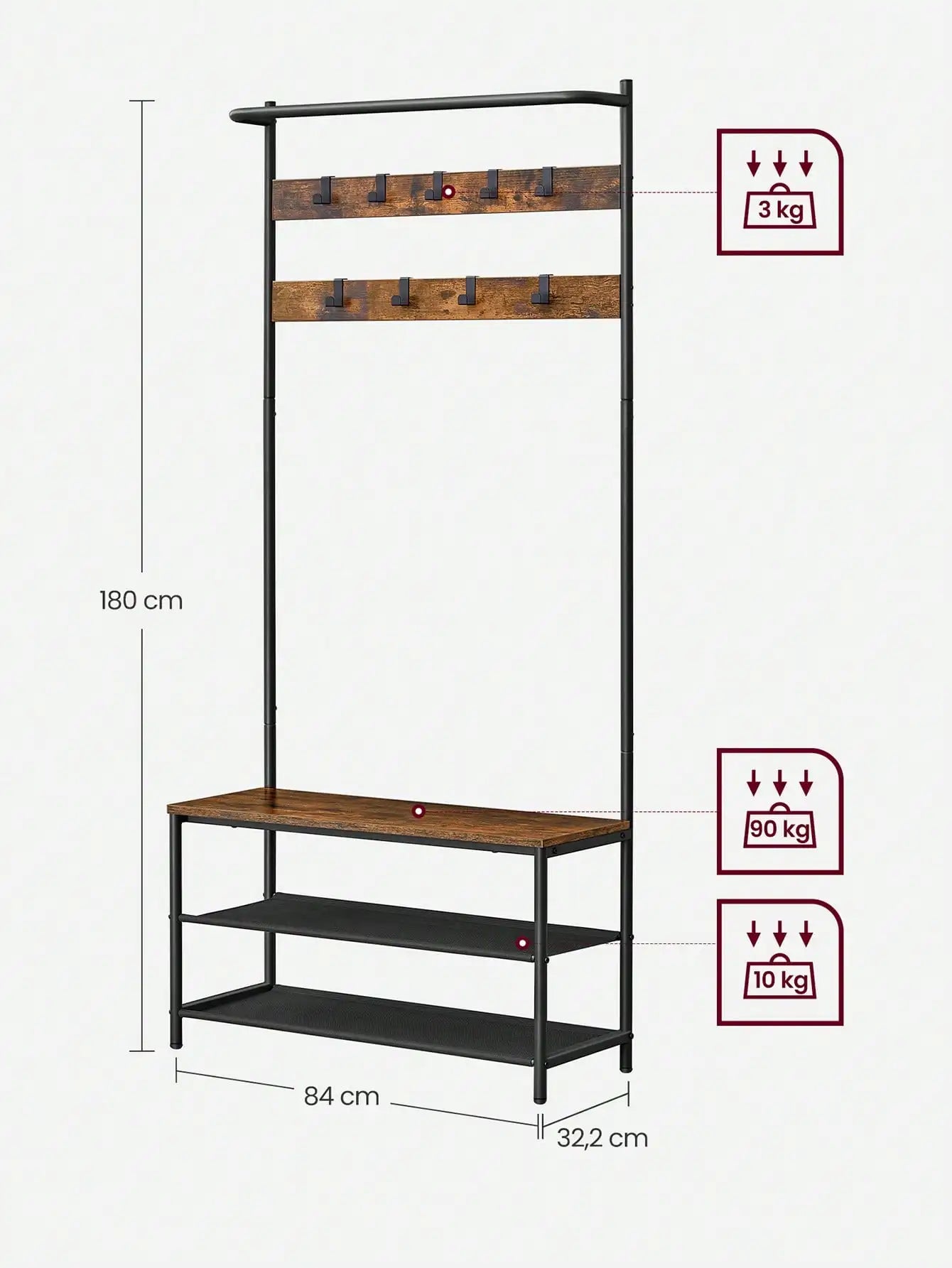 🧥 Appendiabiti 4 in 1 con Panca e Scarpiera VASAGLE – Design Industriale Marrone Vintage e Nero