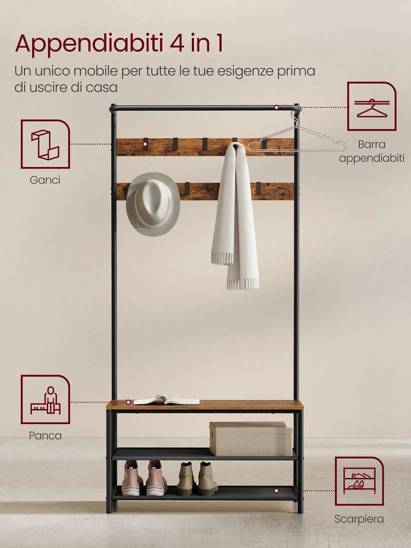 🧥 Appendiabiti 4 in 1 con Panca e Scarpiera VASAGLE – Design Industriale Marrone Vintage e Nero