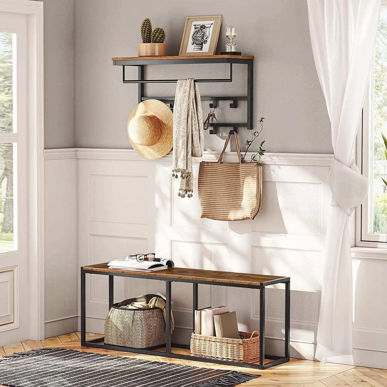 🧥 Appendiabiti da Parete HOOBRO con Mensola – Design Industriale in Legno e Metallo