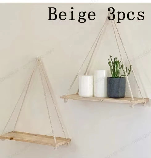 🌸 Mensola Sospesa in Legno con Corda – Decorazione da Parete Boho
