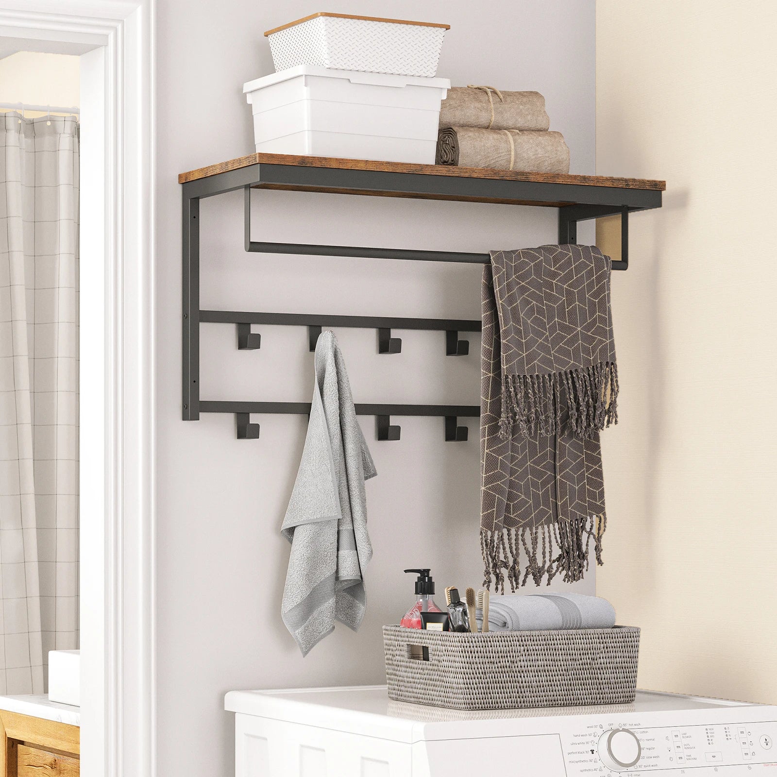 🧥 Appendiabiti da Parete HOOBRO con Mensola – Design Industriale in Legno e Metallo