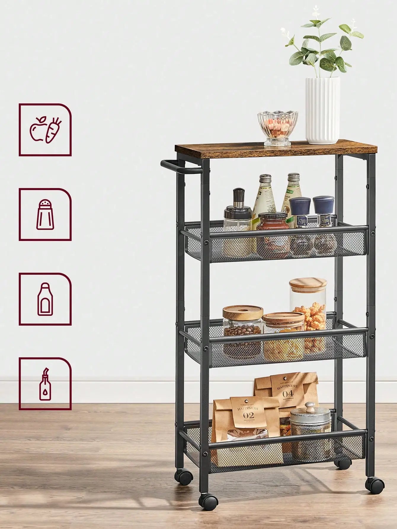🚲 Carrello Salvaspazio con Ruote VASAGLE – 4 Ripiani, Design Industriale Marrone Rustico o Rovere Beige